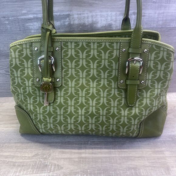 FOSSIL Green Signature Monogram Canvas Leather Purse Handbag Key Charm Y2K VTG - Picture 3 of 16